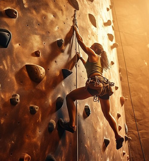 vrouw klimt indoor climbing on artificial wall indoors. Extreme sports and bouldering concept.